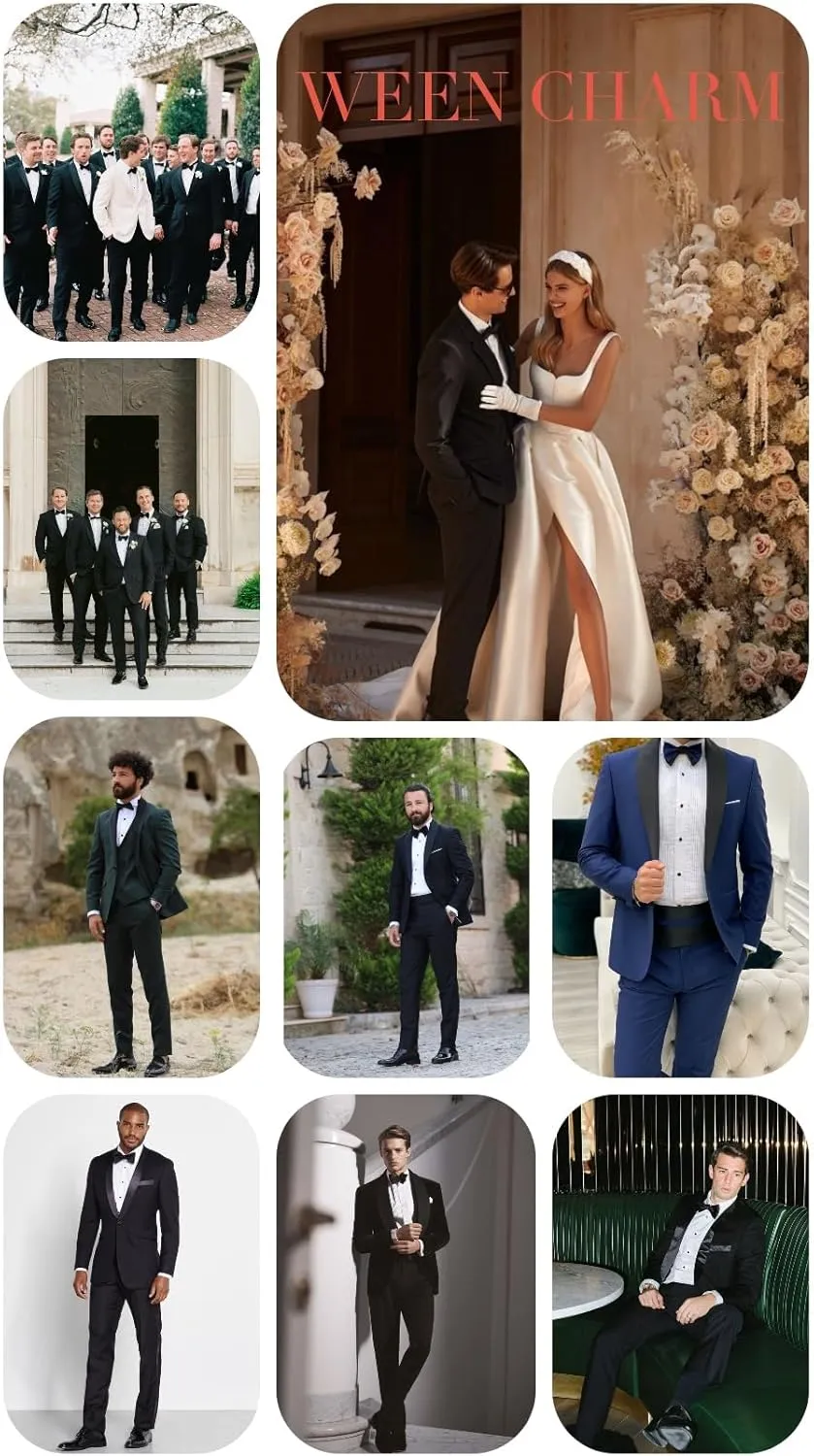 WEEN CHARM Men's Slim Fit 3 Piece Tuxedo Suit One Button Shawl Lapel Blazer Jacket Vest Pants Set