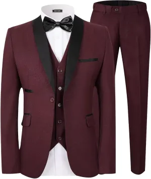 WEEN CHARM Men's Slim Fit 3 Piece Tuxedo Suit One Button Shawl Lapel Blazer Jacket Vest Pants Set