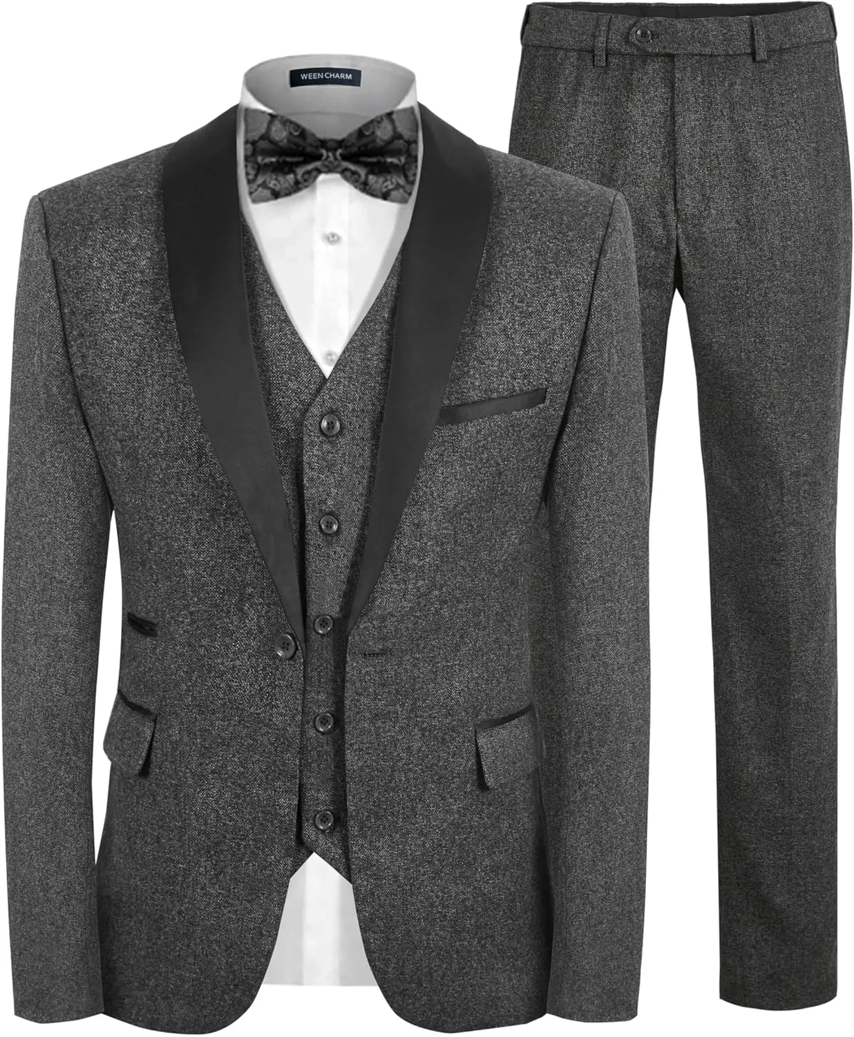 WEEN CHARM Men's Slim Fit 3 Piece Tuxedo Suit One Button Shawl Lapel Blazer Jacket Vest Pants Set