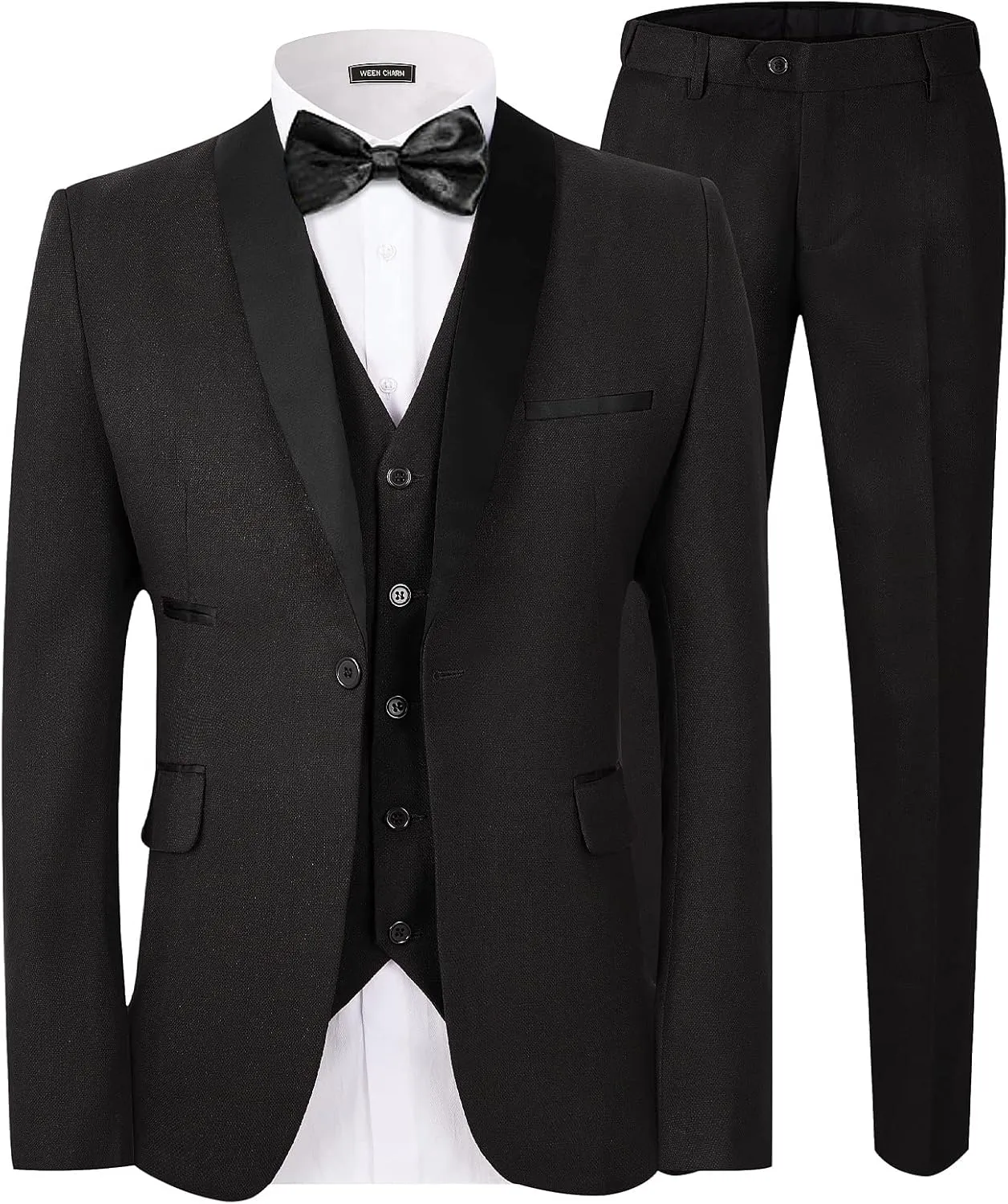 WEEN CHARM Men's Slim Fit 3 Piece Tuxedo Suit One Button Shawl Lapel Blazer Jacket Vest Pants Set