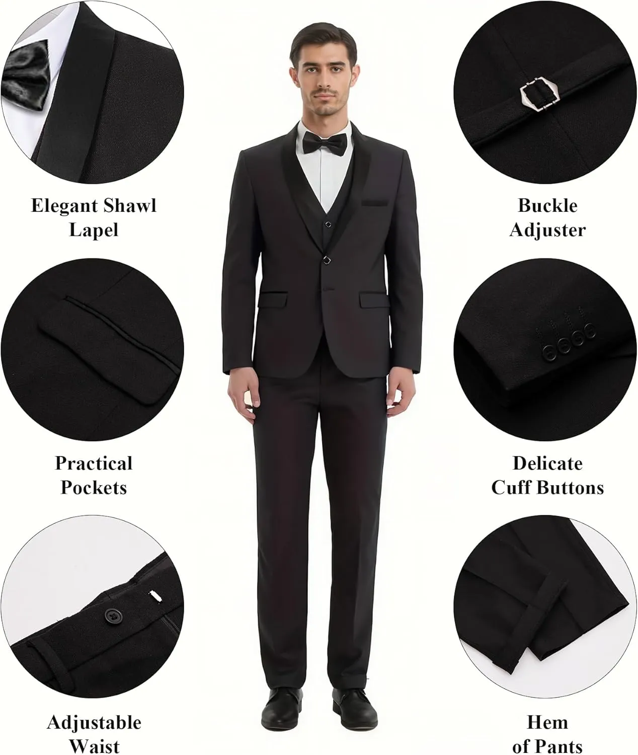 WEEN CHARM Men's Slim Fit 3 Piece Tuxedo Suit One Button Shawl Lapel Blazer Jacket Vest Pants Set
