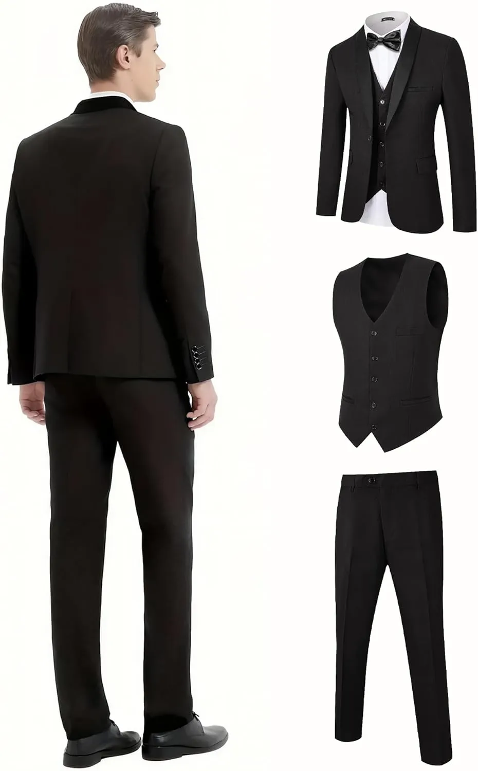 WEEN CHARM Men's Slim Fit 3 Piece Tuxedo Suit One Button Shawl Lapel Blazer Jacket Vest Pants Set