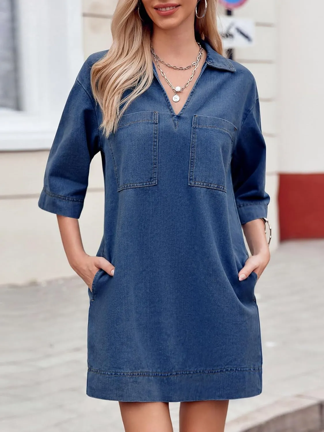 Wenrine Womens Denim Shirt Dress Summer Casual V Neck Short Sleeve Loose Jean Mini Dress