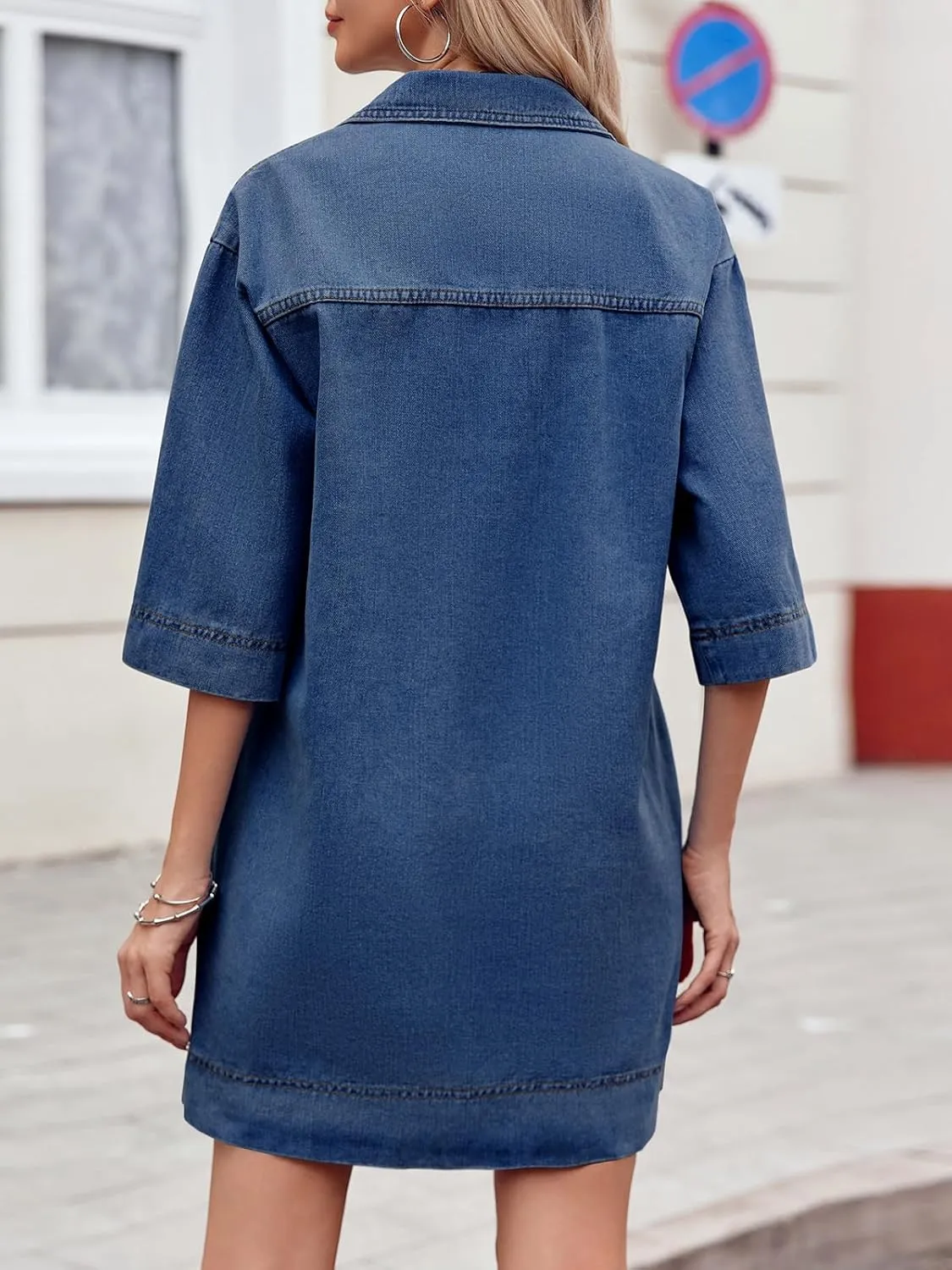 Wenrine Womens Denim Shirt Dress Summer Casual V Neck Short Sleeve Loose Jean Mini Dress