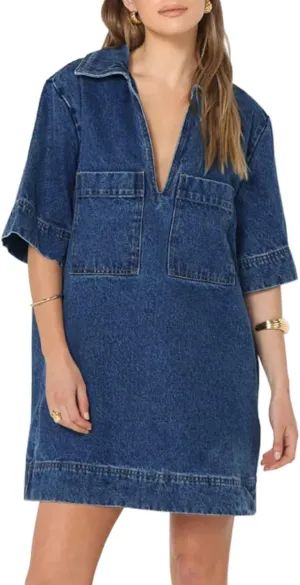 Wenrine Womens Denim Shirt Dress Summer Casual V Neck Short Sleeve Loose Jean Mini Dress