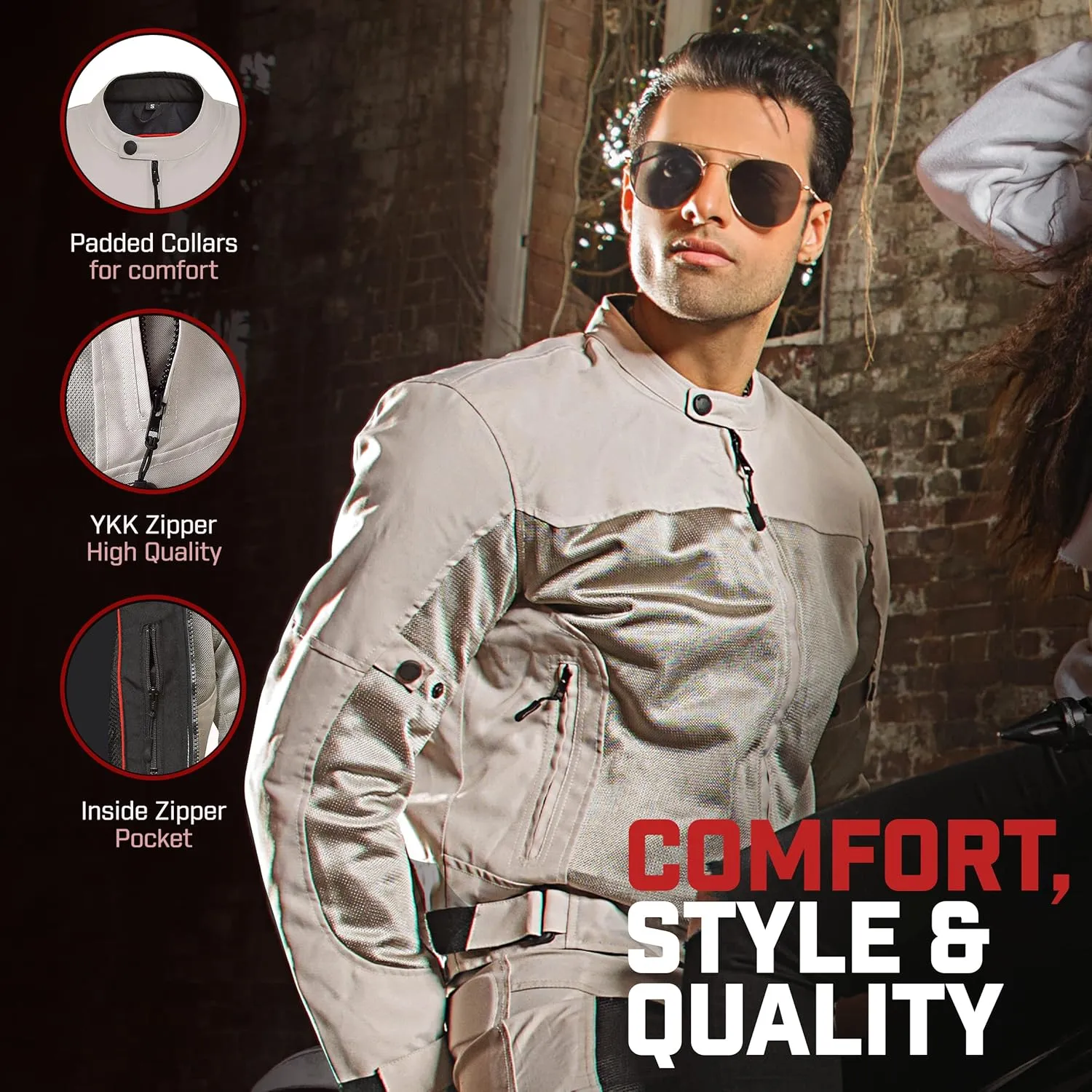 WICKED STOCK Mens Motorcycle Jacket-Air Mesh Biker Jacket Men-Dual Sport Motorcycle Armor-Motorcycle Gear for Men-Gray