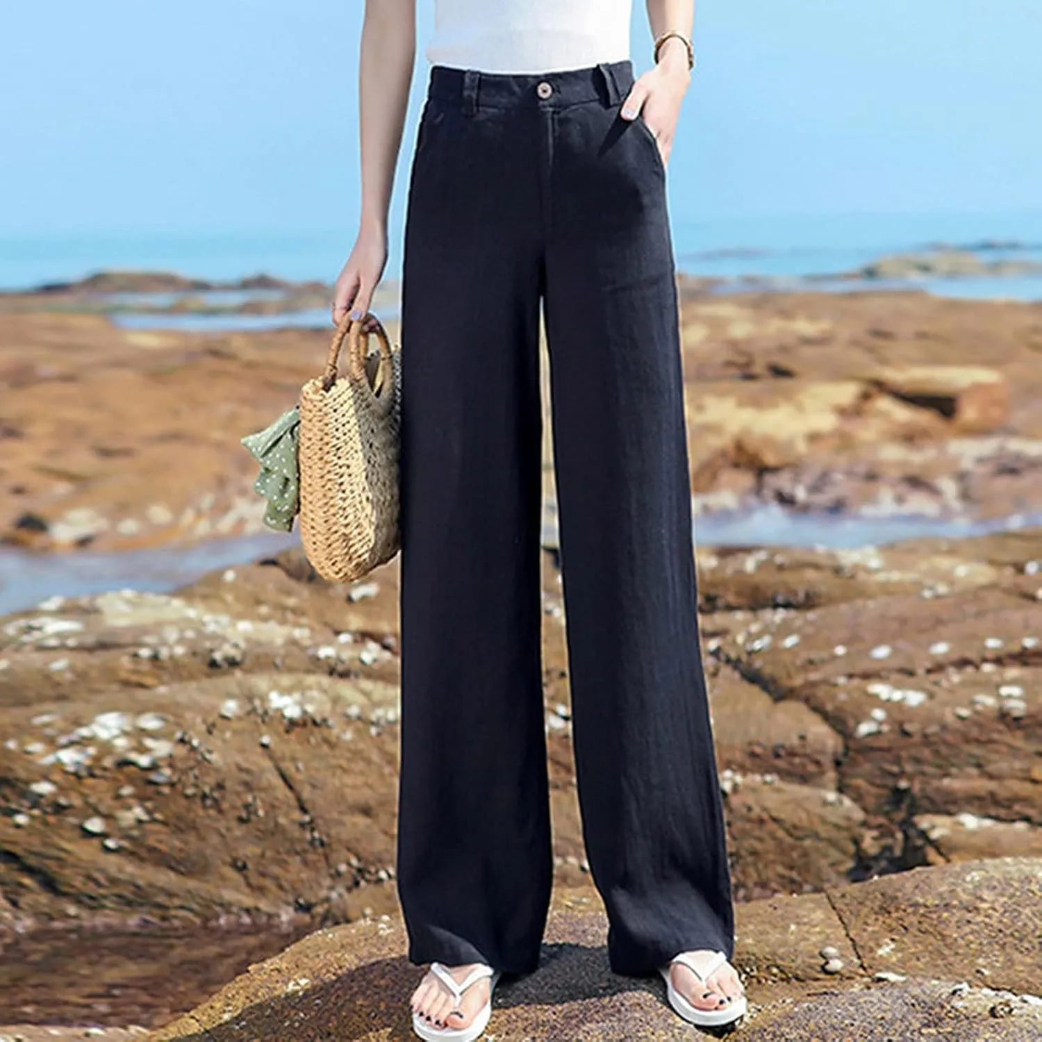 Wide Leg Pants Cotton Linen Loose Fit Trousers Women Summer Soft Plus Size Light Weight Pants Streetwear Trousers