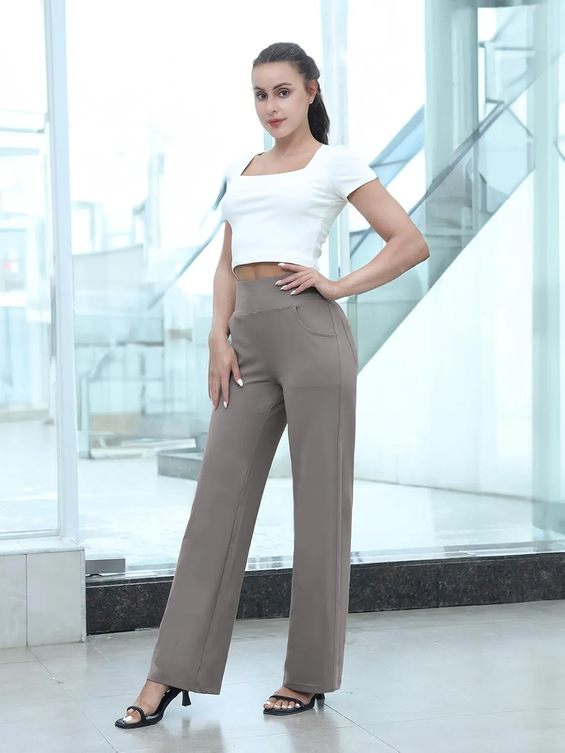 Wide Leg Pants for Woman, High Waisted Loose Casual Pull on Yoga Pants with Pockets Dress Trousers for Work/Athletic