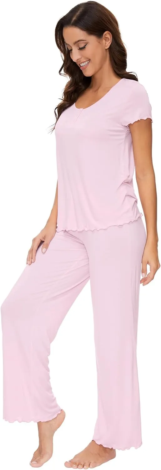WiWi Women's Viscose from Bamboo Pajamas Set Comfy Short Sleeve Top with Long Pants Lightweight S-XXL