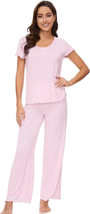 WiWi Women's Viscose from Bamboo Pajamas Set Comfy Short Sleeve Top with Long Pants Lightweight S-XXL