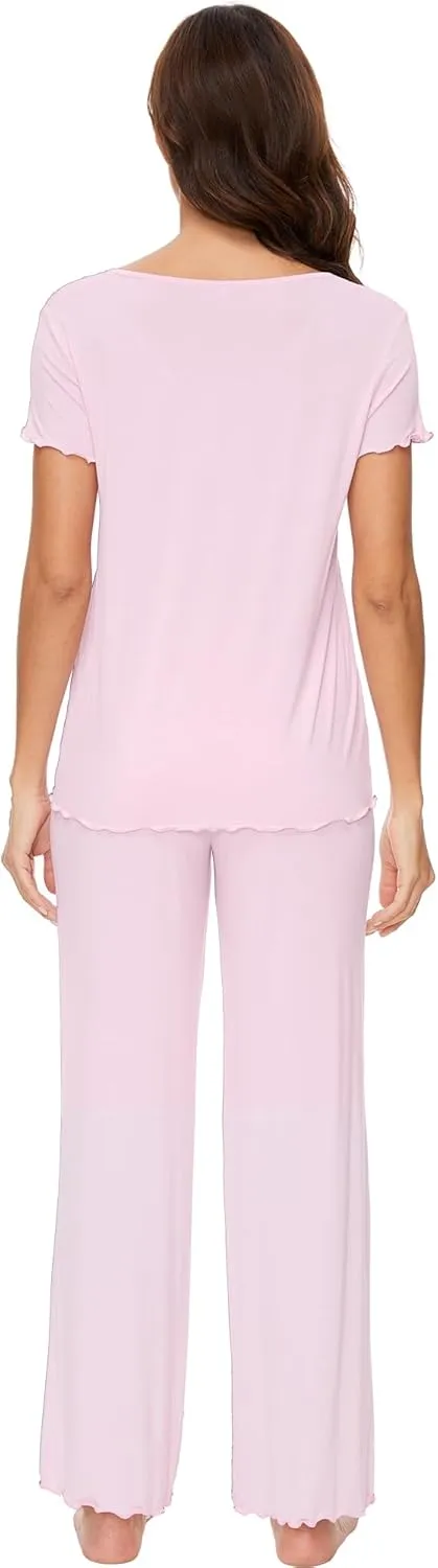 WiWi Women's Viscose from Bamboo Pajamas Set Comfy Short Sleeve Top with Long Pants Lightweight S-XXL