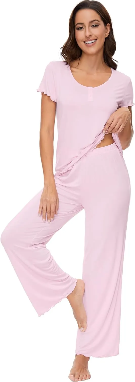 WiWi Women's Viscose from Bamboo Pajamas Set Comfy Short Sleeve Top with Long Pants Lightweight S-XXL