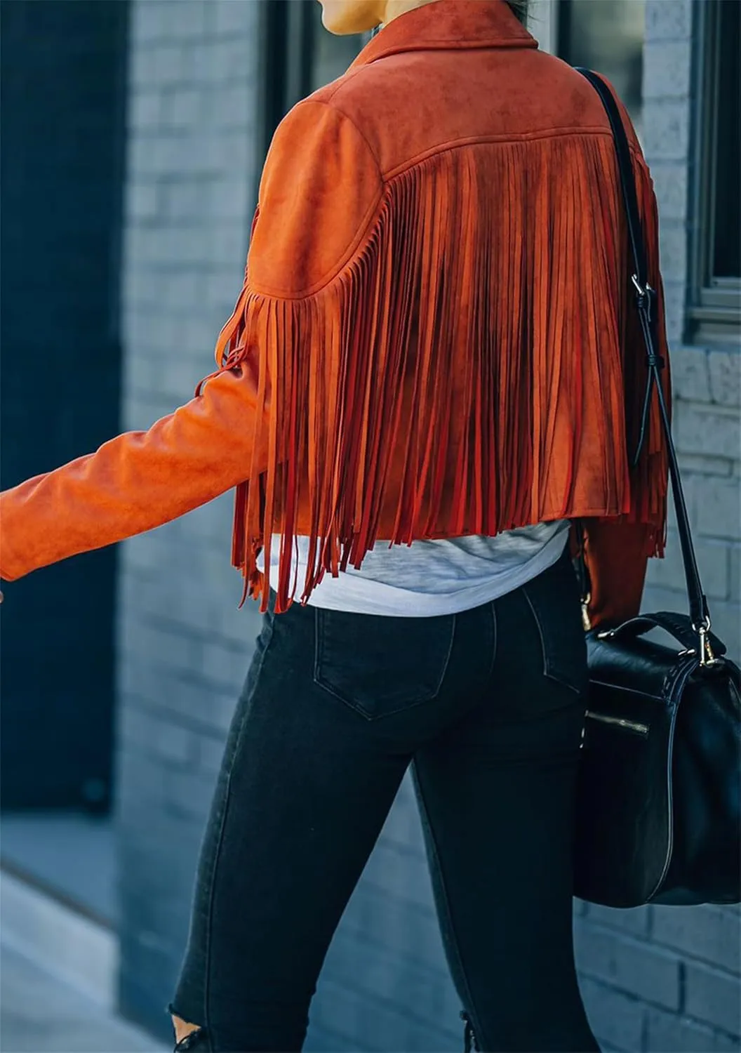 WIWIQS Womens Fall Tassel Jacket Coat Cropped Fringe Faux Suede Leather Motorcycle Lapel Jackets