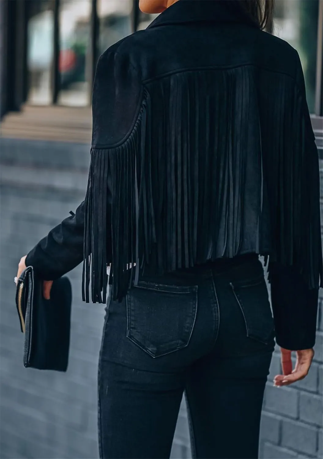 WIWIQS Womens Fall Tassel Jacket Coat Cropped Fringe Faux Suede Leather Motorcycle Lapel Jackets