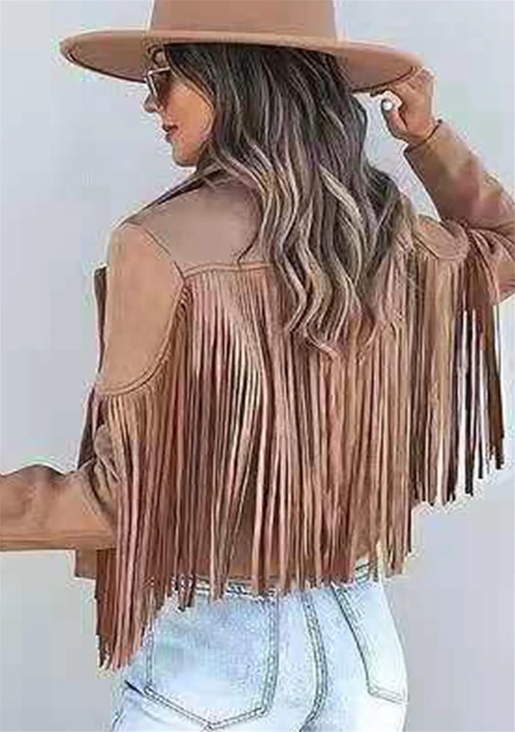 WIWIQS Womens Fall Tassel Jacket Coat Cropped Fringe Faux Suede Leather Motorcycle Lapel Jackets