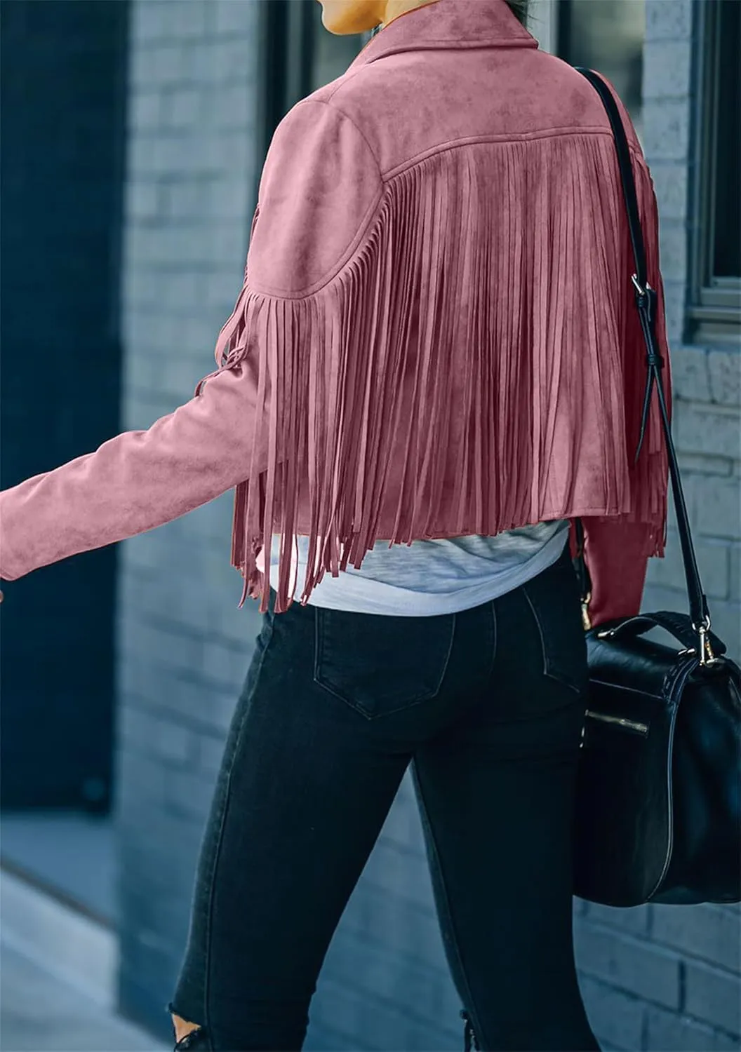 WIWIQS Womens Fall Tassel Jacket Coat Cropped Fringe Faux Suede Leather Motorcycle Lapel Jackets