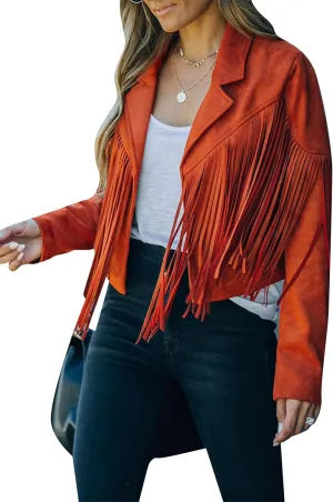 WIWIQS Womens Fall Tassel Jacket Coat Cropped Fringe Faux Suede Leather Motorcycle Lapel Jackets