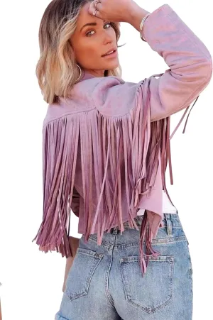WIWIQS Womens Fall Tassel Jacket Coat Cropped Fringe Faux Suede Leather Motorcycle Lapel Jackets
