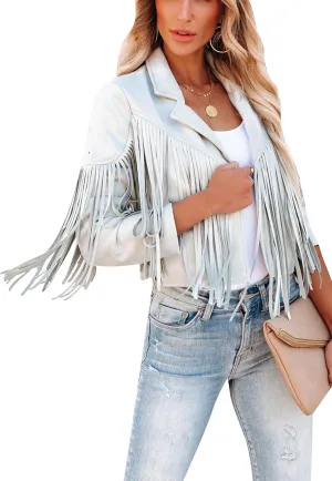 WIWIQS Womens Fall Tassel Jacket Coat Cropped Fringe Faux Suede Leather Motorcycle Lapel Jackets