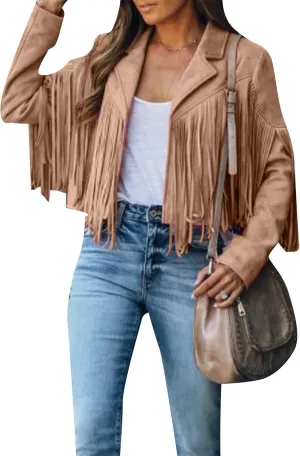 WIWIQS Womens Fall Tassel Jacket Coat Cropped Fringe Faux Suede Leather Motorcycle Lapel Jackets