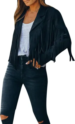 WIWIQS Womens Fall Tassel Jacket Coat Cropped Fringe Faux Suede Leather Motorcycle Lapel Jackets