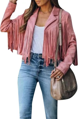 WIWIQS Womens Fall Tassel Jacket Coat Cropped Fringe Faux Suede Leather Motorcycle Lapel Jackets