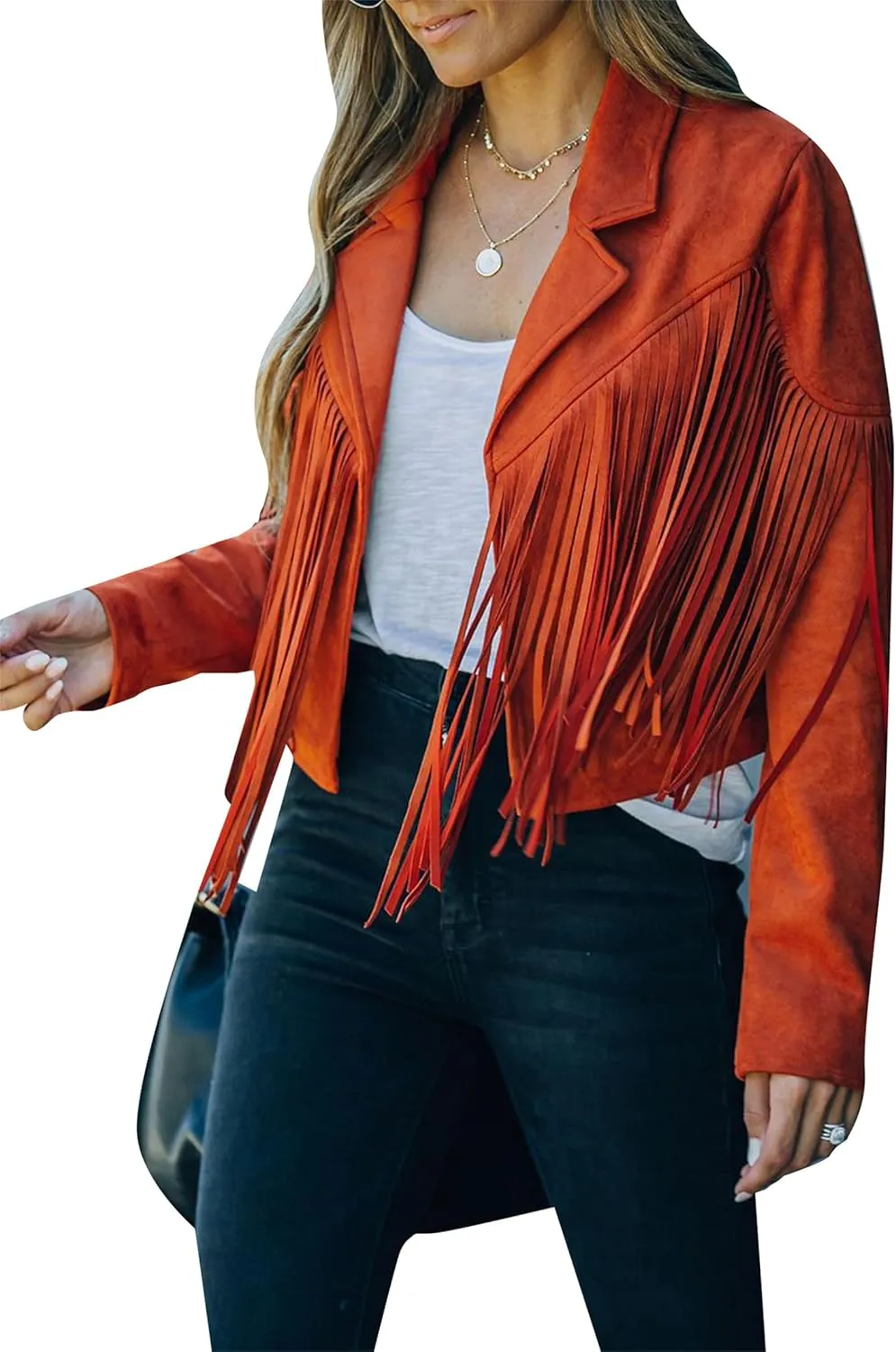 WIWIQS Womens Fall Tassel Jacket Coat Cropped Fringe Faux Suede Leather Motorcycle Lapel Jackets