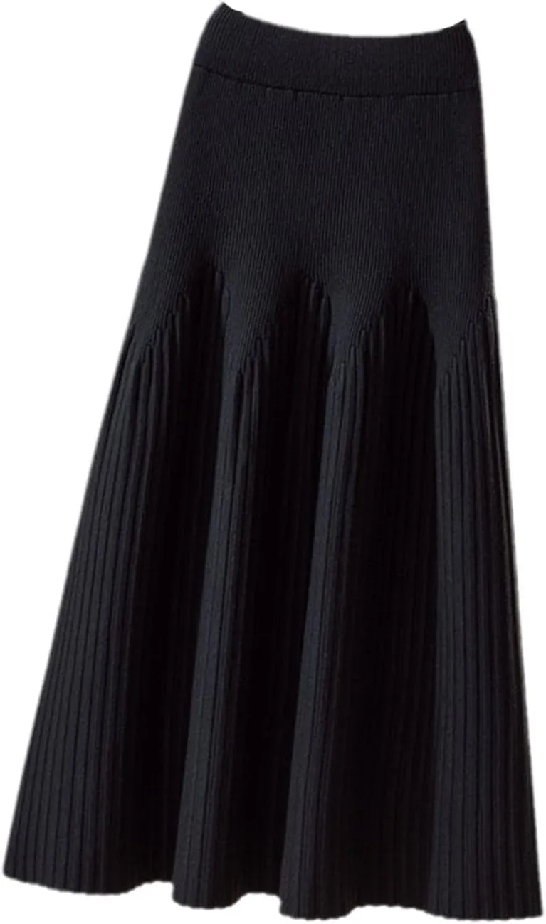 Women Autumn Winter Knitted Skirt Casual Solid All-Match A Line High Waist Pleated Midi Long Skirt