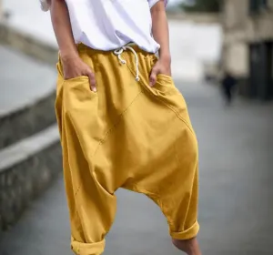 Women Baggy Linen Pants Casual Elastic High Waist Harem Pants Drawstring Loose Wide Leg Yoga Trousers with Pocket