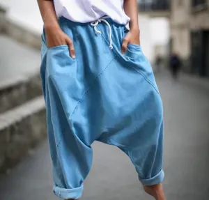 Women Baggy Linen Pants Casual Elastic High Waist Harem Pants Drawstring Loose Wide Leg Yoga Trousers with Pocket