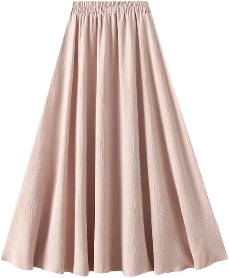 Women Basic Long Skirt High Waist Casual Midi A-Line Skirts Solid Elastic Waist Pleated Skirt