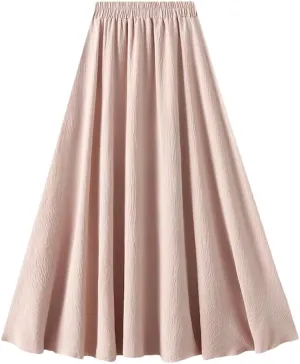 Women Basic Long Skirt High Waist Casual Midi A-Line Skirts Solid Elastic Waist Pleated Skirt