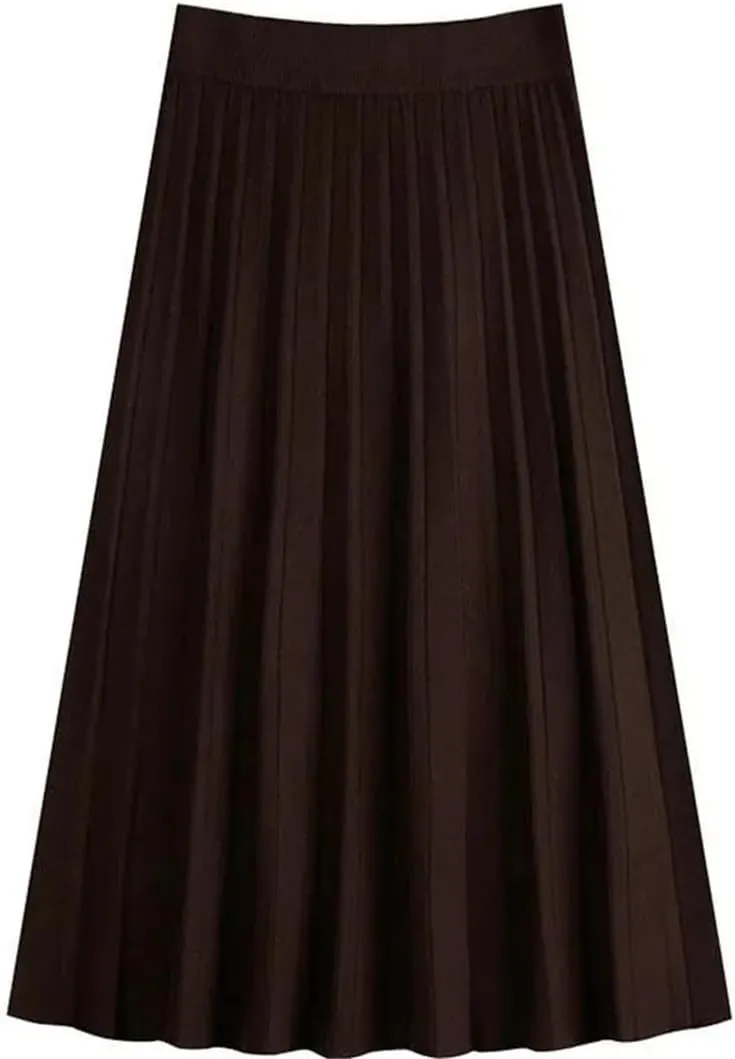 Women Black A-Line High Waist Long Skirt Knitted Midi Pleated Skirt Autumn Winter Femme
