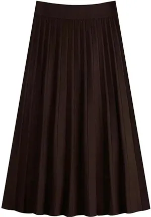 Women Black A-Line High Waist Long Skirt Knitted Midi Pleated Skirt Autumn Winter Femme