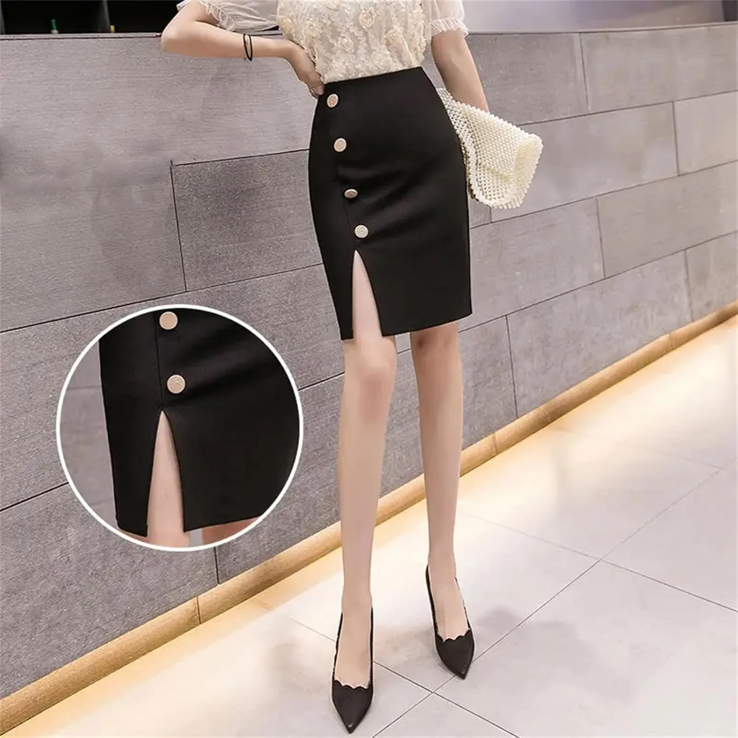 Women Button Split Short Skirts High Waisted Elastic OL Skirt Women's Zipper Bag Wrap Hip Half Skirt