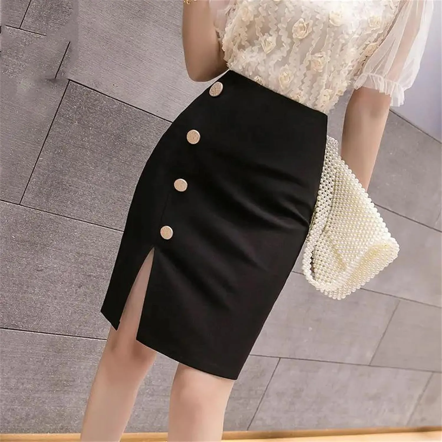 Women Button Split Short Skirts High Waisted Elastic OL Skirt Women's Zipper Bag Wrap Hip Half Skirt