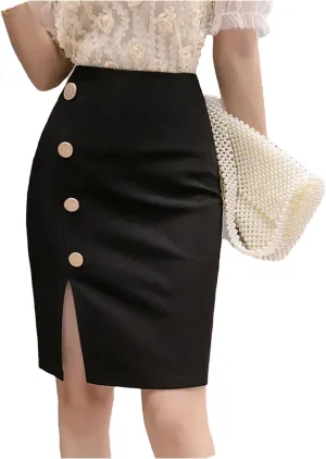 Women Button Split Short Skirts High Waisted Elastic OL Skirt Women's Zipper Bag Wrap Hip Half Skirt