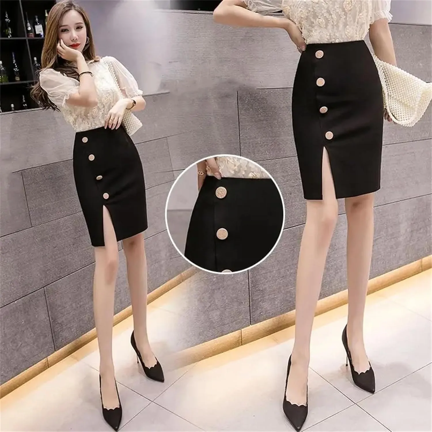 Women Button Split Short Skirts High Waisted Elastic OL Skirt Women's Zipper Bag Wrap Hip Half Skirt