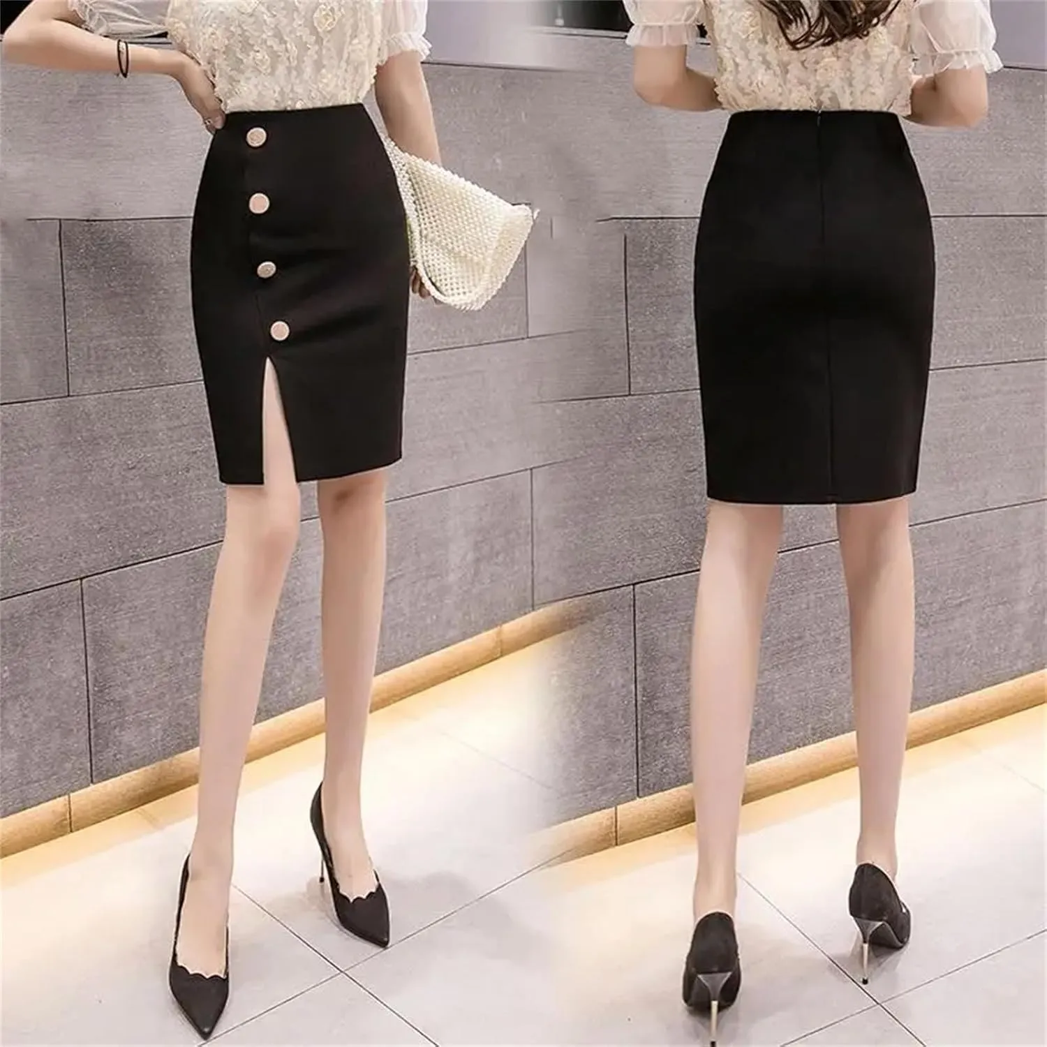 Women Button Split Short Skirts High Waisted Elastic OL Skirt Women's Zipper Bag Wrap Hip Half Skirt