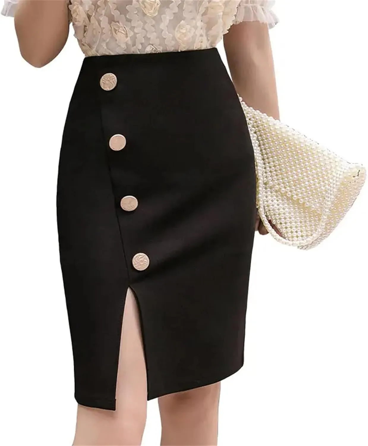 Women Button Split Short Skirts High Waisted Elastic OL Skirt Women's Zipper Bag Wrap Hip Half Skirt