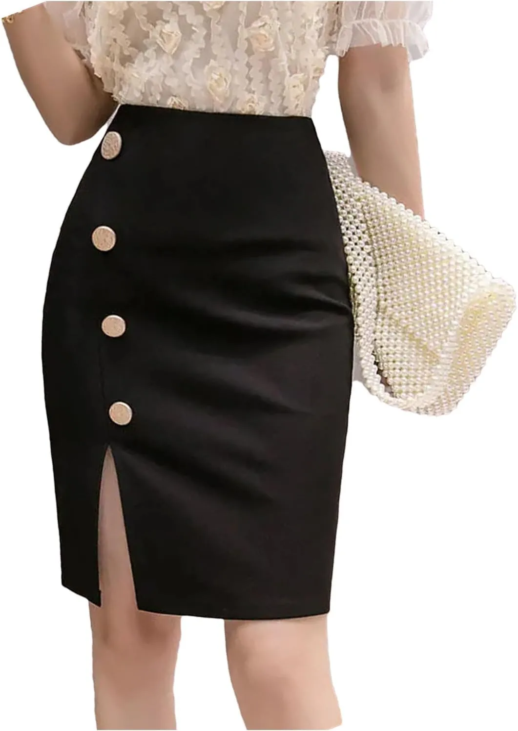 Women Button Split Short Skirts High Waisted Elastic OL Skirt Women's Zipper Bag Wrap Hip Half Skirt