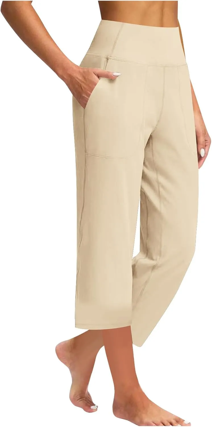 Women Capri Yoga Pants High Waist Wide Leg Lounge Pant with Pockets Tummy Control Stretch Straight Workout Trousers