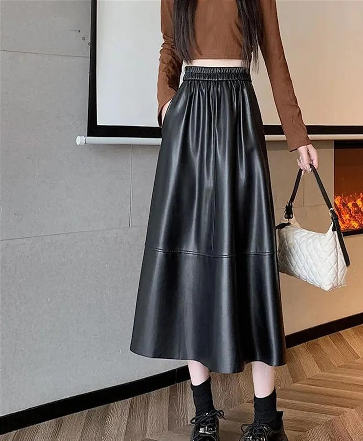 Women Casual Elastic High Waist Pleated Leather Skirt Winter Solid Color A-Line Midi Skirts