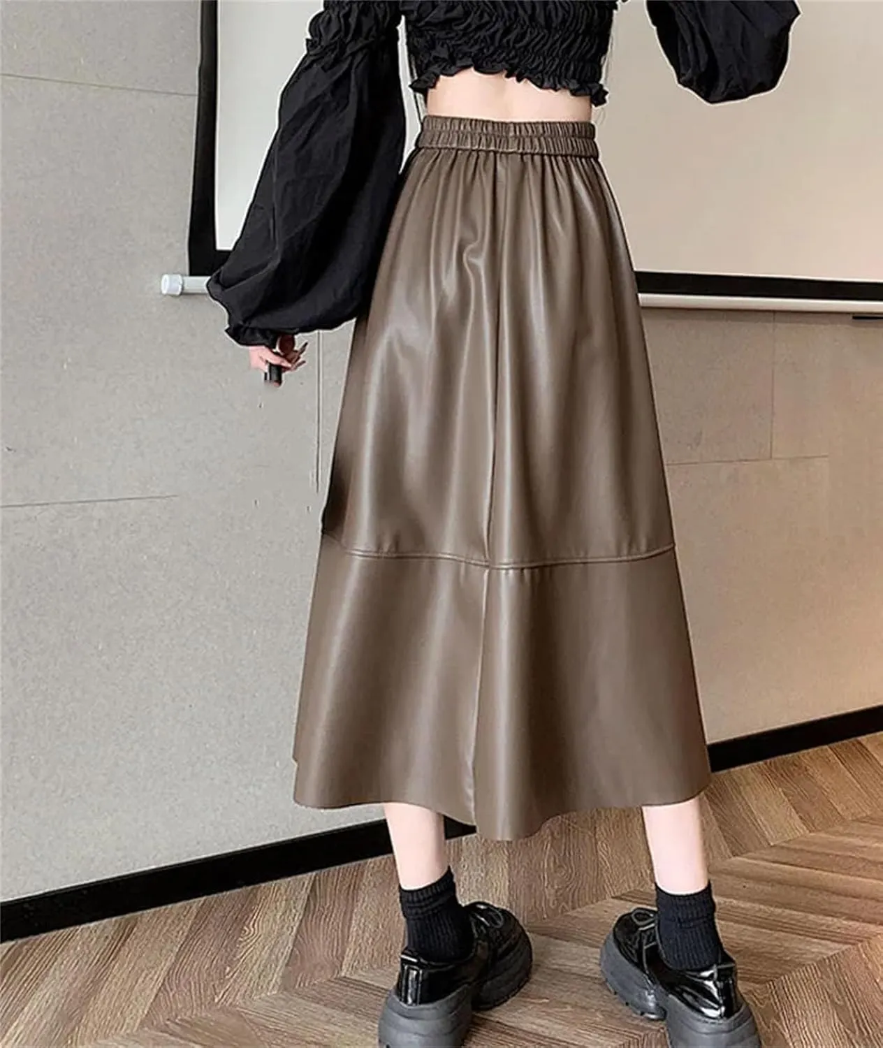 Women Casual Elastic High Waist Pleated Leather Skirt Winter Solid Color A-Line Midi Skirts