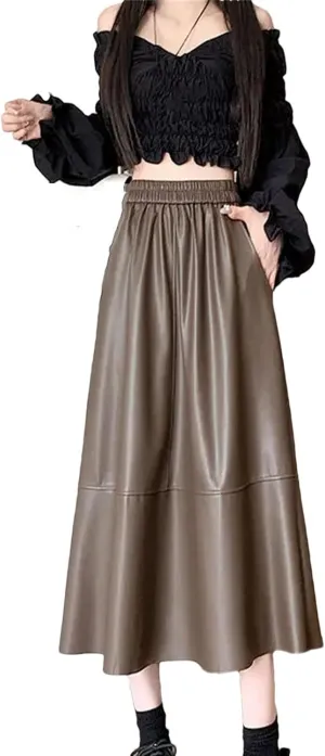 Women Casual Elastic High Waist Pleated Leather Skirt Winter Solid Color A-Line Midi Skirts