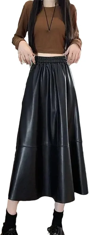 Women Casual Elastic High Waist Pleated Leather Skirt Winter Solid Color A-Line Midi Skirts