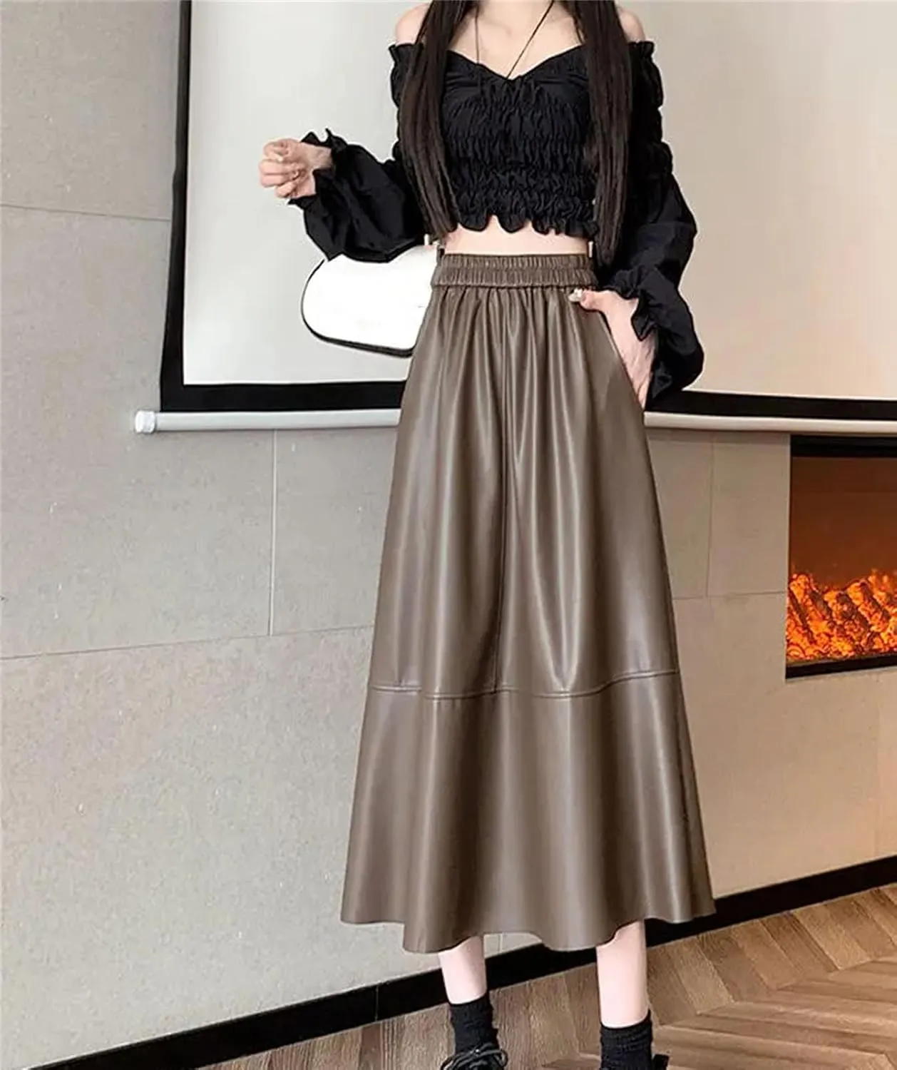 Women Casual Elastic High Waist Pleated Leather Skirt Winter Solid Color A-Line Midi Skirts