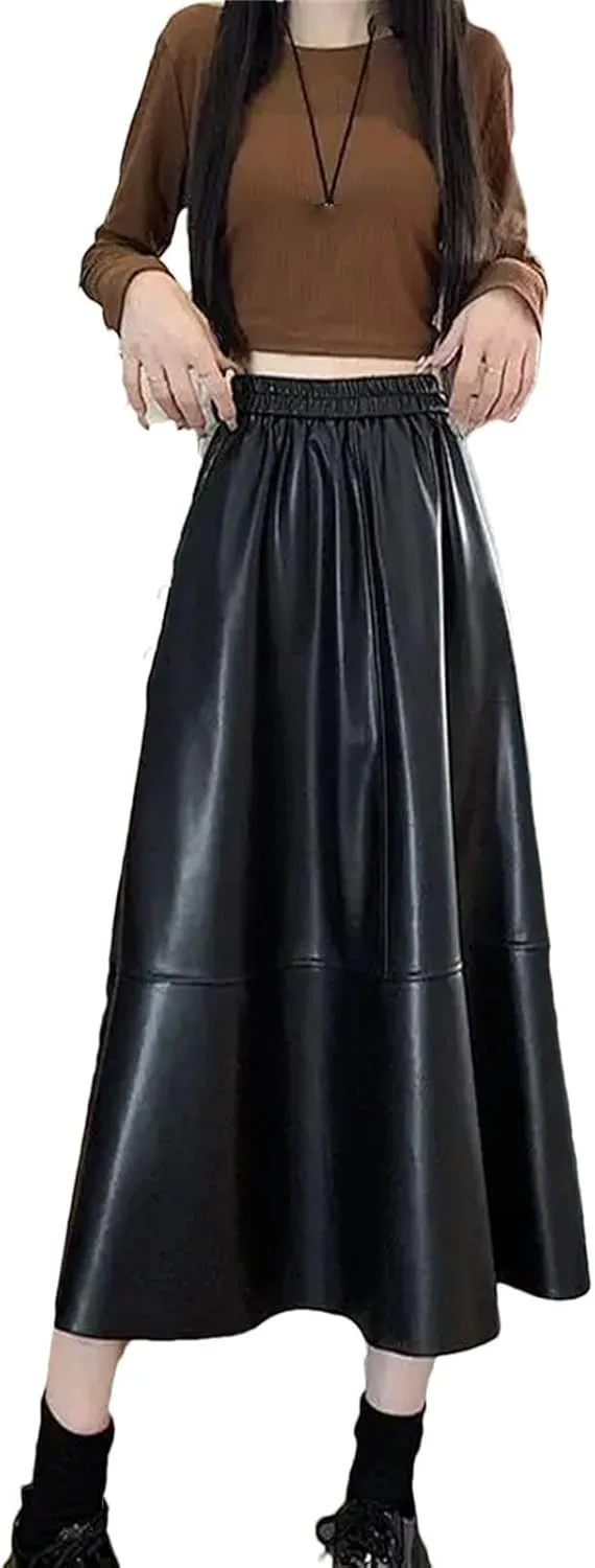 Women Casual Elastic High Waist Pleated Leather Skirt Winter Solid Color A-Line Midi Skirts