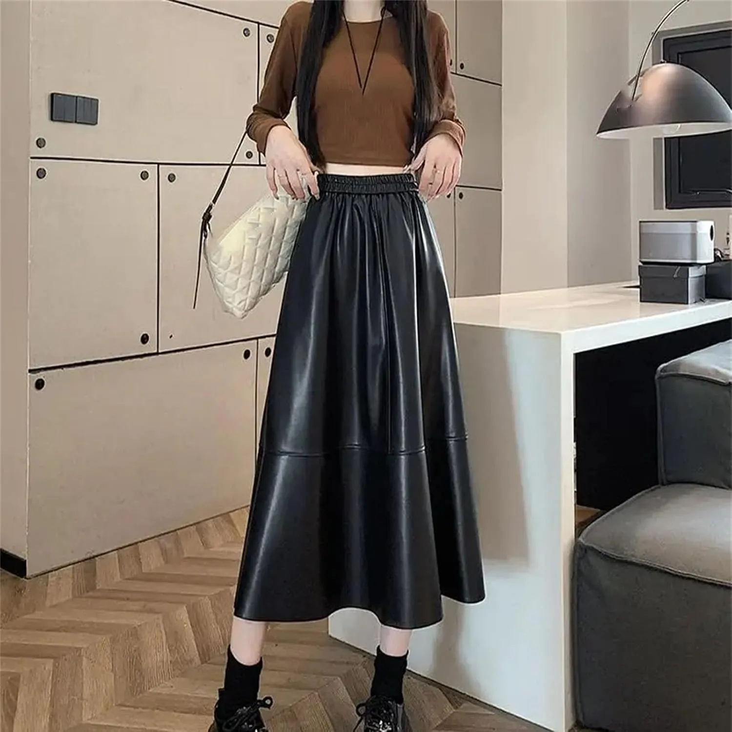 Women Casual Elastic High Waist Pleated Leather Skirt Winter Solid Color A-Line Midi Skirts