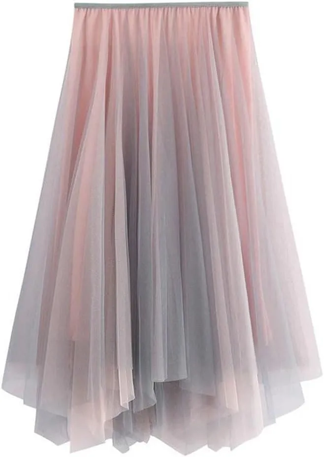 Women Casual Gradient Color Tulle A-Line Long Skirt Loose High Waist Irregular Midi Skirts